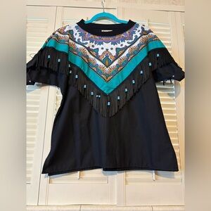 Hazelwood southwestern Fringe Black and Teal Top! Womens medium! NWT